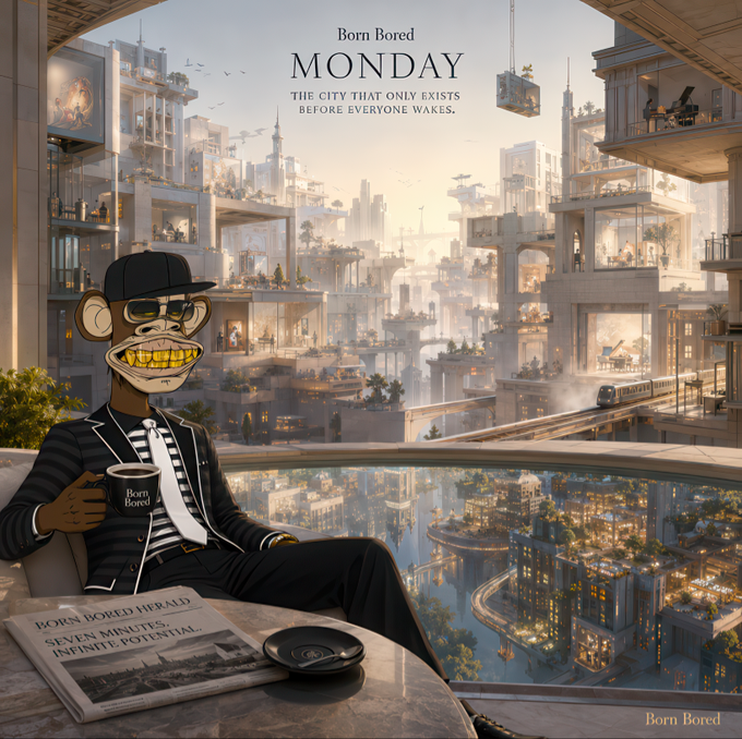 The image is a stylized album cover titled "MONDAY — The City That Only Exists Before Everyone Wakes" by "Born Bored," featuring a cool monkey in sunglasses and a cap lounging with a "Born Bored" mug beside a newspaper reading "Seven Minutes. Infinite Potential." The artwork mirrors the post's motivational theme of a fresh week's start, portraying a relaxed yet ready protagonist overlooking a vibrant cityscape at dawn — symbolizing new opportunities and focused ambition before the hustle begins.