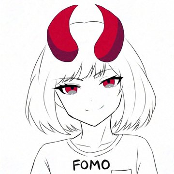 The image features a cartoon-style drawing of a young girl with red eyes, wearing a white shirt that has "Fimo" written on it. The girl's face is outlined in black against a white background, giving her a distinct and recognizable appearance.