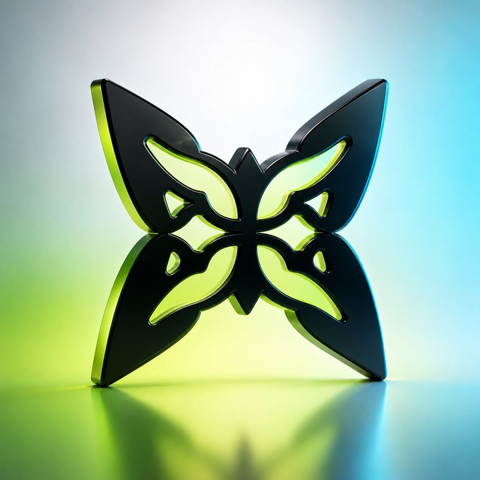 A 3D rendered glossy black butterfly-shaped logo with neon green inner accents, displayed against a gradient green and blue background.