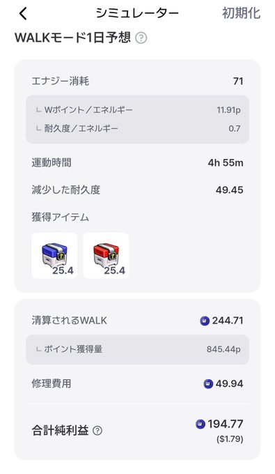 A Japanese-language app simulator showing WALK mode daily forecast with energy consumption (71), W points/energy (11.91p), durability/energy (0.7), operation time (4h 55m), reduced durability (49.45), items obtained, WALK settled (244.71), repair cost (49.94), and total net profit of 194.77 ($1.79).