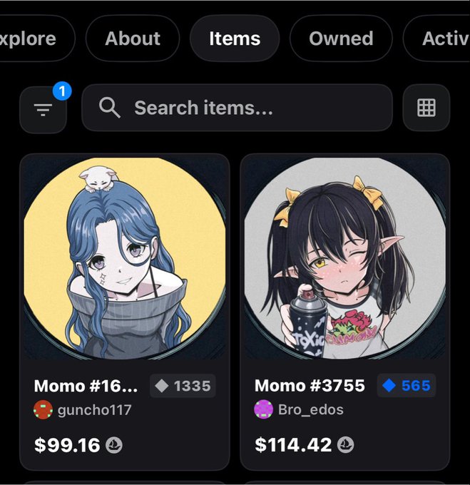 A digital marketplace interface displays two anime-style character items for sale: "Momo #16..." by guncho117 priced at $99.16 (1335) and "Momo #3755" by Bro_edos priced at $114.42 (565), illustrating the context of the post criticizing someone for underpricing an item well below its market floor price.