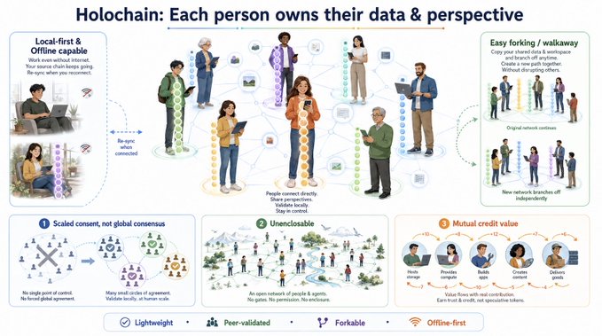 An infographic titled 'Holochain: Each person owns their data & perspective' illustrating concepts like Local-first & Offline capable, Easy forking/walkaway, Scaled consent, Uneclosable, and Mutual credit value, with icons for Lightweight, Peer-validated, Forkable, and Offline-first at the bottom.