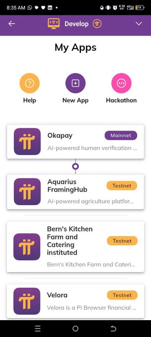 The image displays the "My Apps" dashboard within Pi Network's Develop section, showing a developer interface with apps like "Okapay" (Mainnet, AI-powered human verification), "Aquarius FramingHub" (Testnet, AI-powered agriculture platform), "Bern's Kitchen Farm and Catering" (Testnet), and "Velora" (Testnet, Pi Browser financial app). This visual directly supports the post's claim about Pi Desktop 0.6.3's new developer features, specifically showcasing the "My Apps dashboard for developers" mentioned in the announcement.
