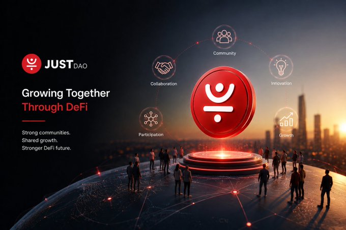 A promotional image for 'JUST DAO' with the tagline 'Growing Together Through DeFi' and 'Strong communities. Shared growth. Stronger DeFi future.' featuring icons for Community, Innovation, Growth, Participation, and Collaboration.
