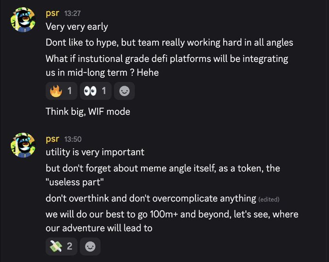 A screenshot of two Discord messages from user "psr" discussing an early-stage crypto project, mentioning that institutional-grade DeFi platforms might integrate them, while also emphasizing the importance of maintaining a meme/token appeal ("useless part") alongside utility, with ambitions of reaching "100m+." The messages relate to the accompanying post by suggesting the project is either larping (pretending) or actively building, with the Discord messages providing evidence of "cooking" through discussions of long-term DeFi integration plans and ambitious market cap goals.