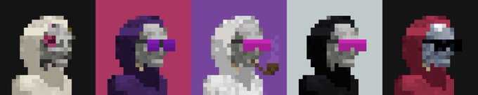 A pixel art lineup of five skeletons wearing hoodies in white, purple, white smoking a pipe, black, and red colors with various colored visors.