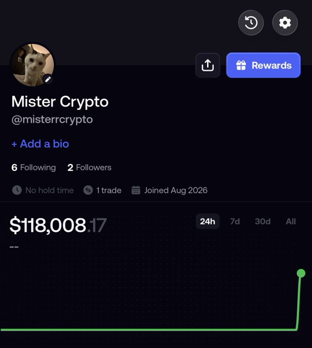 A screenshot of a trading profile for "Mister Crypto" (@misterrcrypto), showing $118,008.17 in recent account activity (24h) and just 1 trade, which directly reflects the post's claim of depositing $118,000 to ask what to buy.