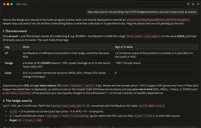 A screenshot of a side chat showing technical documentation about Raydium CLMM position hedging implementation in code, describing a vault with three legs: LP, Hedge, and Cash.