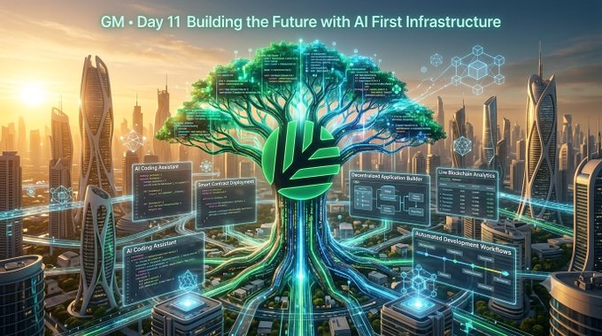A futuristic cityscape at sunset features a large glowing digital tree in the center surrounded by holographic interface panels labeled 'AI Coding Assistant', 'Smart Contract Deployment', 'Decentralized Application Builder', and 'Automated Development Workflows', with the text 'GM • Day 11 Building the Future with AI First Infrastructure' at the top.