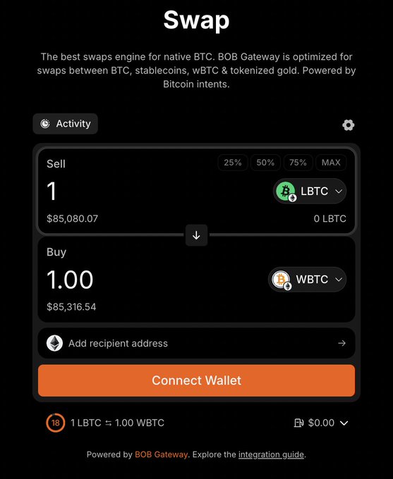 A mobile swap interface for converting LBTC to WBTC at a 1:1.00 rate, with prices of $85,080.07 and $85,316.54 displayed.
