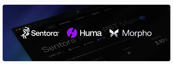 A logo banner displays three brand names: Sentora with a white winged figure, Huma with a purple lightning-style icon, and Morpho with a blue butterfly-wing logo, set against a dark software interface background.