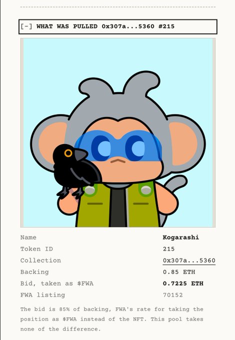 NFT listing page for 'Kogarashi' (Token ID 215) from collection '0x307a...5360' showing a cartoon gray monkey character with blue glasses holding a black bird, with a backing of 0.85 ETH and a bid of 0.7225 ETH taken as #FWA.