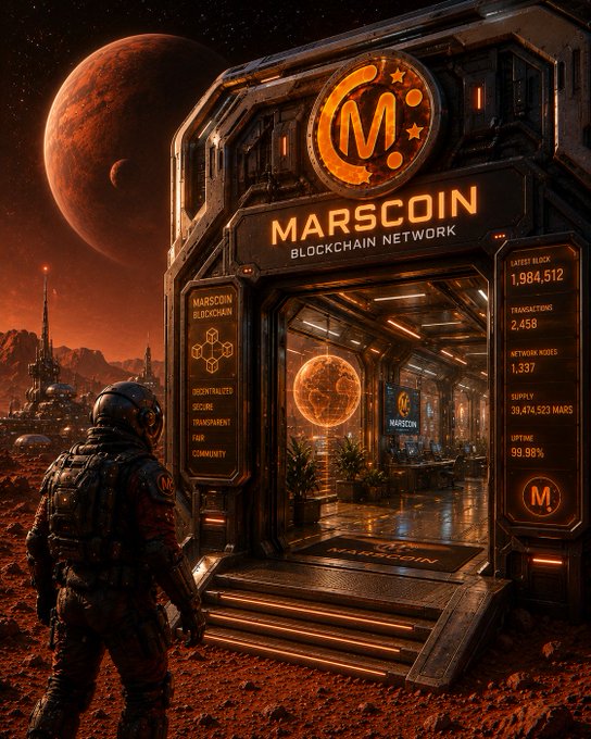 A sci-fi illustration depicts a futuristic Mars base with a glowing "MARSCOIN BLOCKCHAIN NETWORK" structure, an astronaut, and a red planet in the background, displaying metrics like "LATEST BLOCK 1,984,512" and "UPTIME 99.98%".