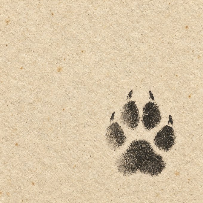 Black ink paw print stamped on textured cream-colored paper.