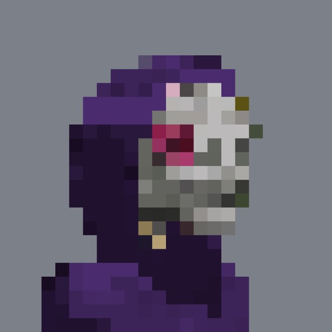 A pixel art portrait of a figure in a dark purple hooded cloak with a white skull-like mask, with pink and dark accents.