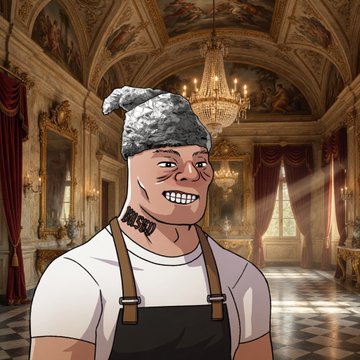 A meme image showing a cartoon-style character with an exaggerated grinning face, wearing a beanie, choker, and overalls, superimposed over a lavish baroque palace interior.
