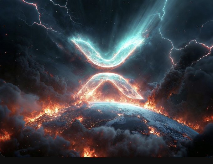 A glowing "X" symbol hovers above a fiery, burning Earth, with lightning streaking across a stormy sky—visually representing the dramatic "reset" referenced in the post about XRP, suggesting a world-altering transformation tied to the cryptocurrency.