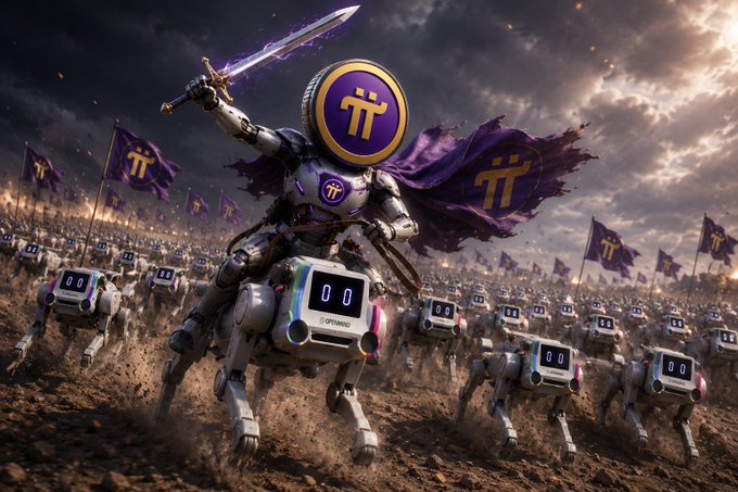 A knight rides a robotic quadruped while leading an army of similar mechanical steeds across a dusty battlefield, all adorned with purple banners and insignias bearing the **π** (Pi) symbol and "00" digital displays, tying directly to the post's #PiNetwork theme.