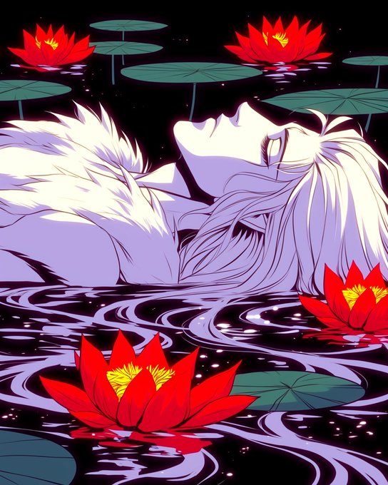 An anime-style illustration of a pale woman with white hair floating on dark water, surrounded by red lotus flowers and green lily pads against a starry night background.