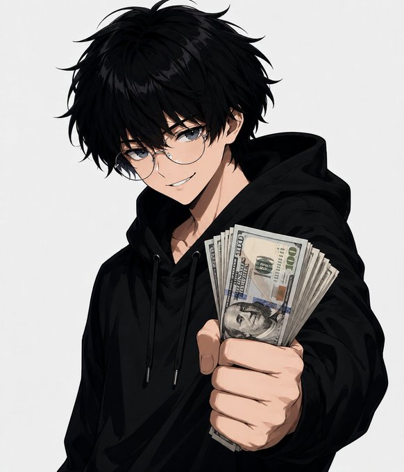 An anime-style illustration of a young man with messy black hair and glasses, wearing a black hoodie and holding up a fan of $100 bills.