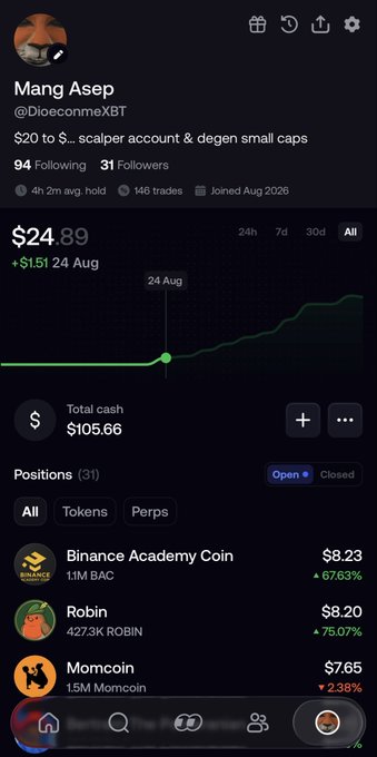 A screenshot of a crypto trading app showing a portfolio for user 'Mang Asep' (@DioeconnneXBT) with a total value of $24.89 and positions in Binance Academy Coin, Robin, and Momcoin.