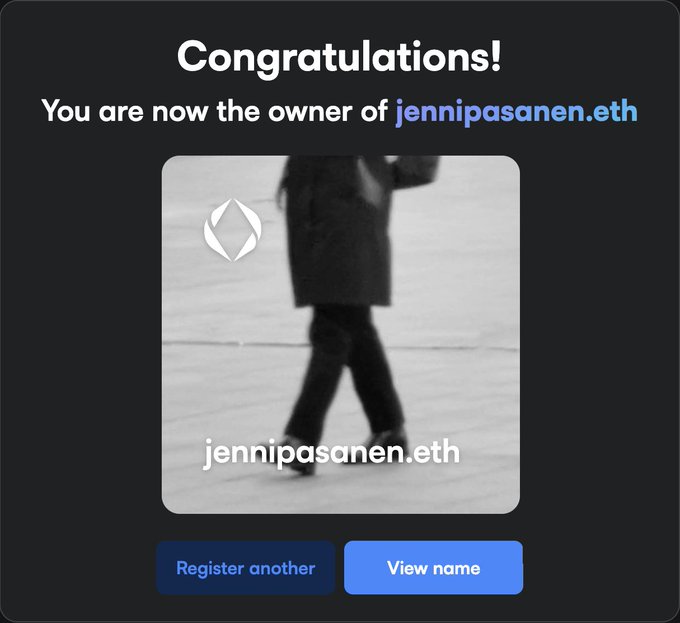 A dark-themed confirmation screen reading 'Congratulations! You are now the owner of jennipasanen.eth', featuring a black-and-white image of a person walking with the ENS logo overlay.