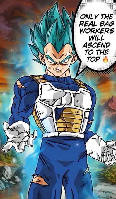 Anime-style illustration of a blue-haired Super Saiyan character in damaged Saiyan armor with a speech bubble reading 'ONLY THE REAL BAG WORKERS WILL ASCEND TO THE TOP'.