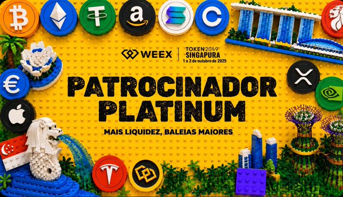 A promotional banner for WEEX as a 'Patrocinador Platinum' for Token2049 Singapore (1 & 2 October 2025), decorated with various cryptocurrency logos and Singapore landmarks built from toy bricks.