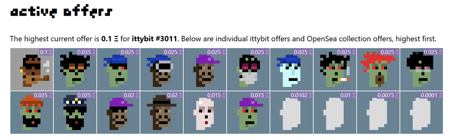 A screenshot of an 'active offers' marketplace page for 'ittybit' NFTs, showing a grid of pixel art zombie-like character portraits with individual ETH offer prices ranging from 0.1 Ξ down to 0.0001 Ξ.