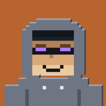 A pixel art illustration of a character with a smiling face, wearing a gray hooded outfit with a black band across the eyes that has purple glowing sections, set against an orange background.
