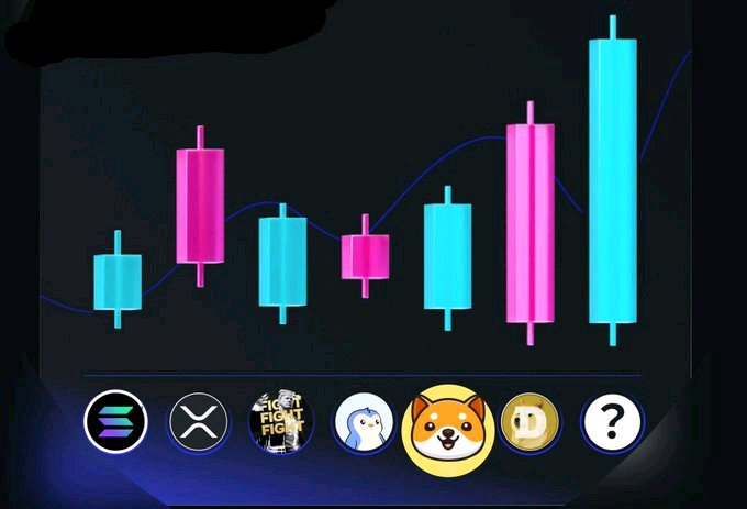 A stylized candlestick trading chart shows turquoise and pink bars over a rising blue line, with circular crypto-related icons along the bottom, including “FIGHT FIGHT” and Dogecoin and Bitcoin symbols.