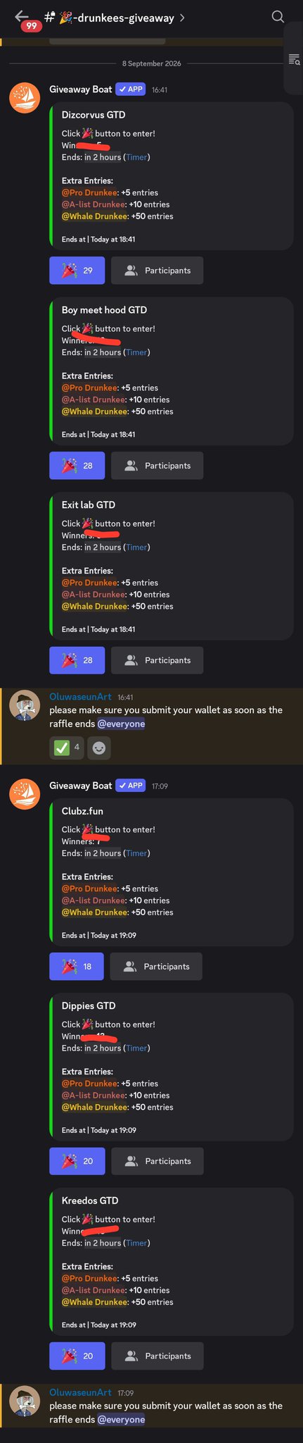 A Discord screenshot from the #drunkees-giveaway channel dated September 8, 2026, displays multiple active giveaways from the Giveaway Bot including "Dizcorvus GTD," "Boy meet hood GTD," "Exit lab GTD," "Clubz.fun," "Dippies GTD," and "Kreedos GTD," each offering bonus entries to @Pro Drunkee (+5), @A-list Drunkee (+10), and @Whale Drunkee (+50) holders, illustrating the perks of being a DrunkeesonApe NFT holder as highlighted in the post.