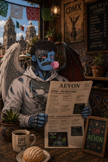 A blue-skinned winged figure in a white hoodie calmly blows a pink bubblegum bubble while reading a newspaper titled "AEVON — MID-WEEK UPDATE" at Café de la Ciudad, with a "GM AEVON" chalkboard sign on the wooden table beside a coffee mug and concha pastry, perfectly capturing the relaxed, focused "Sunday mode" described in the post.