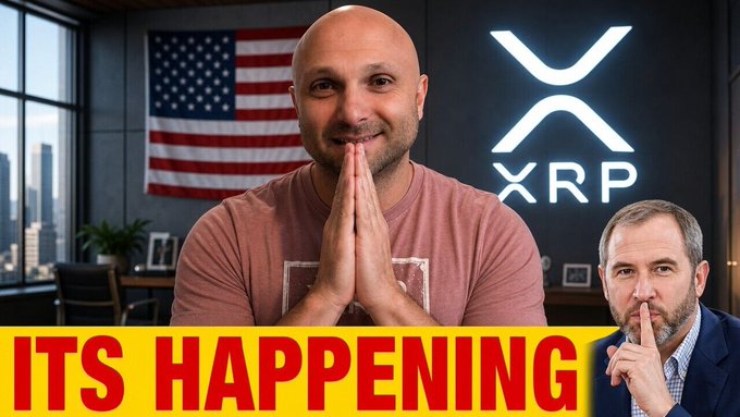 A man with hands clasped in a prayer-like gesture sits in front of an XRP logo and American flag, with a smaller inset of Ripple CEO Brad Garlinghouse, and bold yellow text reading "ITS HAPPENING." The image visually amplifies the post's thesis about a potential government mandate driving institutional XRP demand, contrasting Garlinghouse's measured "shhh" pose with the celebratory main figure to underscore the tension between cautious messaging and bullish policy implications.