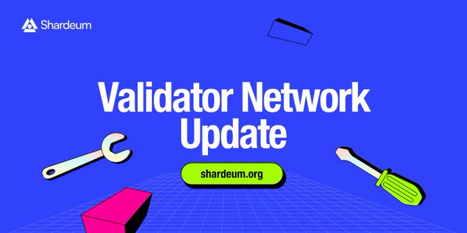 A blue promotional graphic titled "Validator Network Update" featuring the Shardeum logo and shardeum.org link, accompanied by illustrated tools like a wrench and screwdriver. The image complements the post by visually signaling the official restart instructions for community validators to update their nodes with the patched binary.