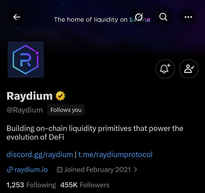 Twitter profile page for 'Raydium' (@Raydium), described as 'Building on-chain liquidity primitives that power the evolution of DeFi' with 455K followers.