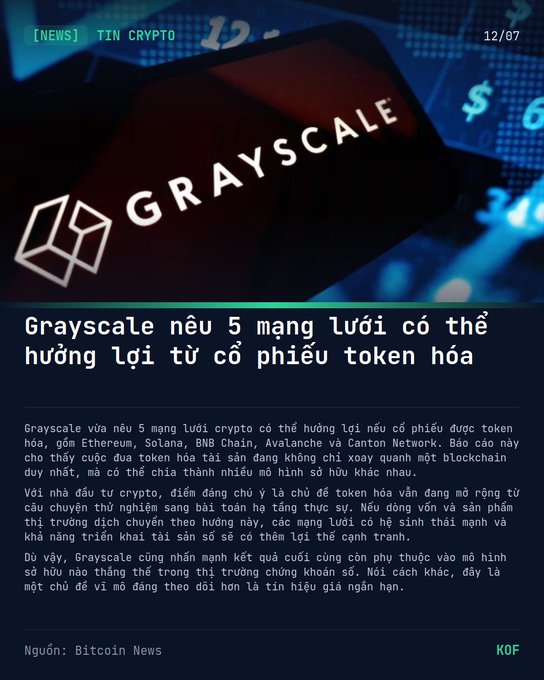 A Vietnamese crypto news graphic titled 'Grayscale nêu 5 mạng lưới có thể hưởng lợi từ cổ phiếu token hóa' discusses Grayscale highlighting 5 blockchain networks (Ethereum, Solana, BNB Chain, Avalanche, Canton) that could benefit from tokenized stocks.