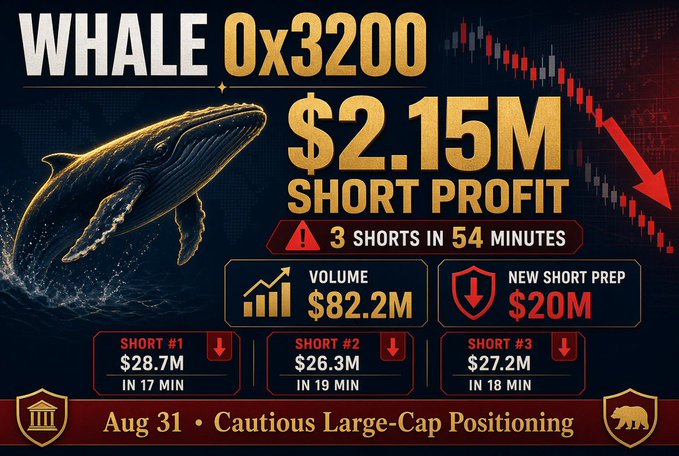 A trading graphic titled 'WHALE 0x3200' shows a $2.15M short profit across 3 shorts in 54 minutes with $82.2M volume, dated Aug 31.