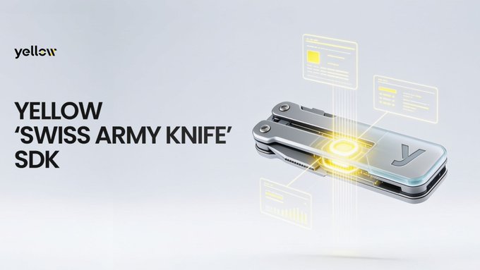 A sleek multitool-style device with a glowing "y" hovers beside the text "YELLOW 'SWISS ARMY KNIFE' SDK," visually embodying the post's message that Yellow's versatile, chain-agnostic toolkit is a multi-purpose "Swiss Army knife" for Web3 development, eliminating network congestion and high fees through off-chain communication.