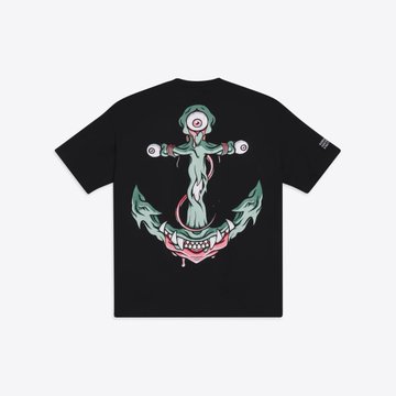 Black t-shirt displaying a graphic of a turquoise anchor with a red eye design on its top and a red-and-white jagged toothy mouth banner across the bottom.