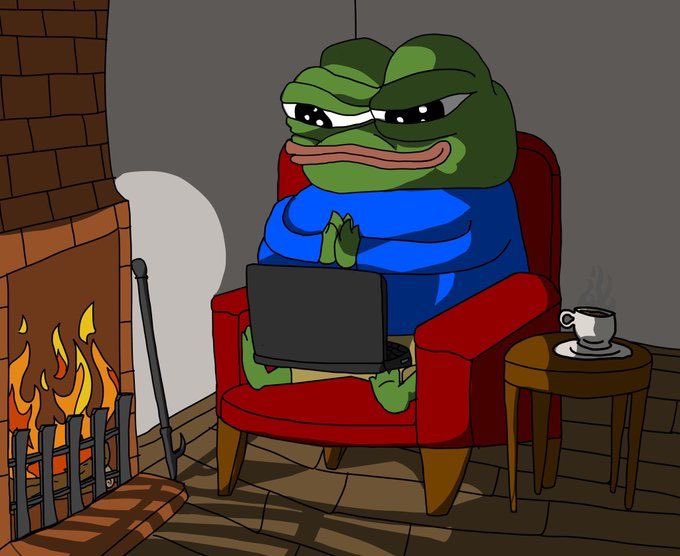 A smug Pepe the Frog sits comfortably in a red armchair by a fireplace, sipping coffee and typing on a laptop while contemplating his creative ideas. The cozy scene captures a moment of relaxed inspiration, perfectly aligning with the post's "imagine" theme of letting imagination flow.