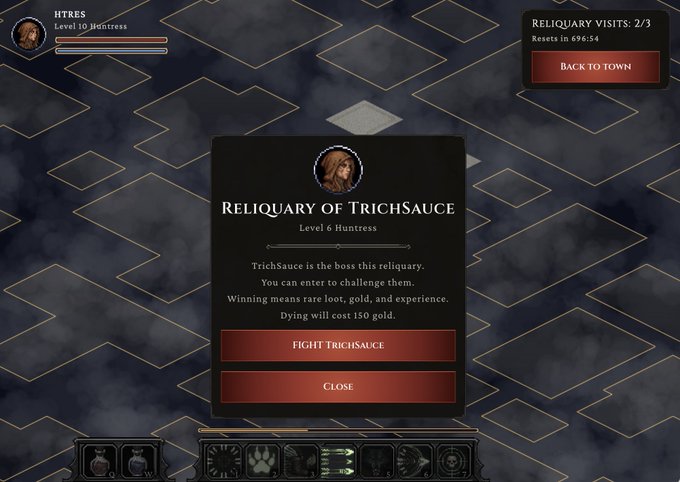 Video game interface showing a 'Reliquary of TrichSauce' challenge at Level 6 Huntress, with a 'Fight TrichSauce' button noting a 150 gold entry cost and tracking 2/3 reliquary visits.