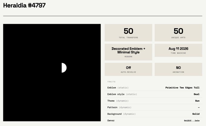 A webpage interface titled "Heraldia #4797" showing NFT details including "50 TOTAL TRANSFERS," "50 UNIQUE ARTS," "Decorated Emblem + Minimal Style REBORN," and "Aug 11 2026."