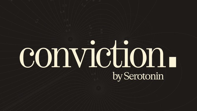 Black graphic with cream-colored serif text reading "conviction." and smaller text "by Serotonin" below it, featuring subtle spiral patterns in the background.