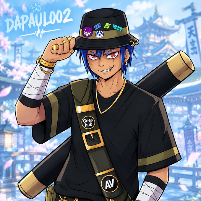 Anime-style character artwork signed 'DAPAUL002' showing a blue-haired male with red eyes, a bucket hat adorned with 'FUCK' and 'DAPAUL' stickers, a black shirt, gold rings, and a strap reading 'Gees hub' and 'AV', set against a Japanese temple backdrop with cherry blossoms.