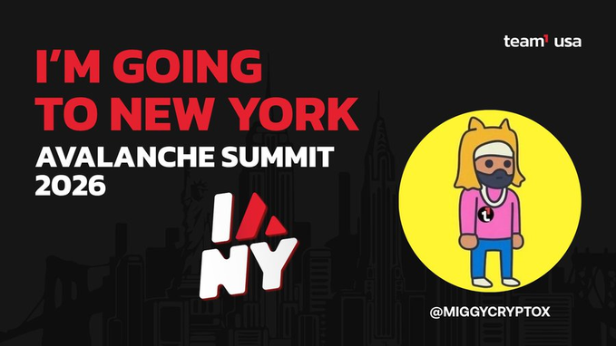 A promotional graphic announces "I'M GOING TO NEW YORK" for the "AVALANCHE SUMMIT 2026," featuring a cartoon dog character in a pink shirt with "team usa" and "@MIGGYCRYPTOX" labels.