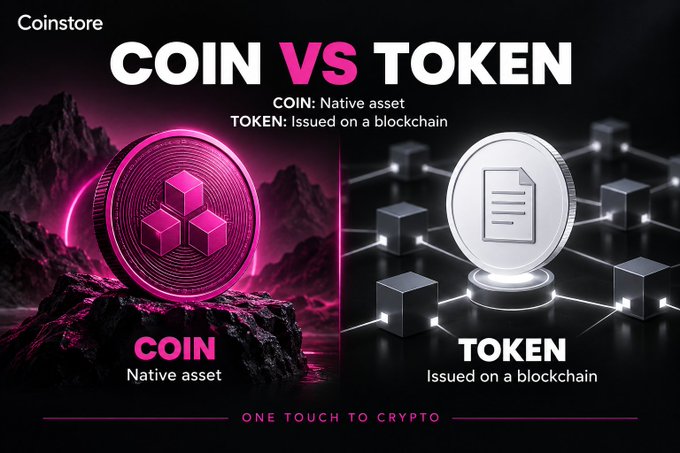 An infographic titled 'COIN VS TOKEN' by Coinstore explains that a 'COIN' is a native asset (illustrated with a pink coin) while a 'TOKEN' is issued on a blockchain (shown as a silver coin on blocks), with the tagline 'ONE TOUCH TO CRYPTO'.