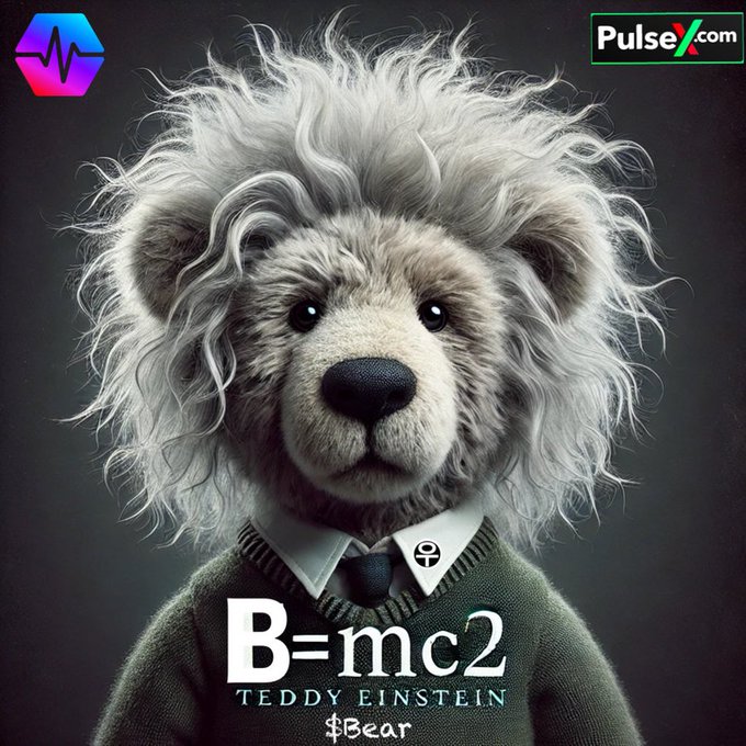 An AI-generated image of a teddy bear with wild white Einstein-like hair wearing a sweater, captioned 'B=mc² TEDDY EINSTEIN $Bear' with PulseX.com logo.