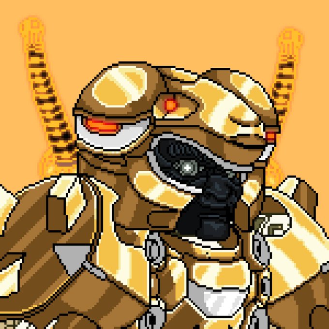 Pixel art illustration of a golden mechanical robot or mech character with glowing red eyes against an orange background.