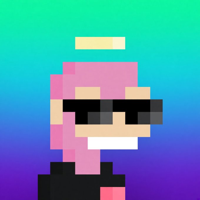 A pixel art portrait depicts a figure with pink hair, black sunglasses, and a yellow halo against a gradient blue and purple background, styled like a cryptocurrency logo.